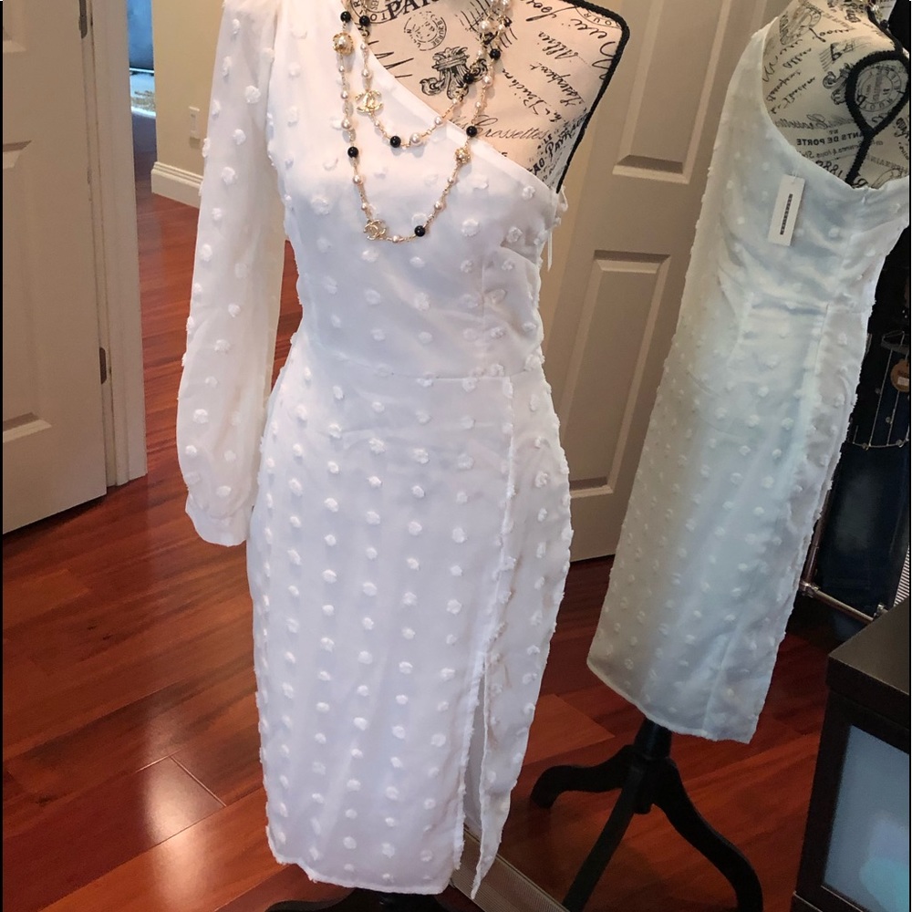 NWT One Sleeve White Dress with Leg slit